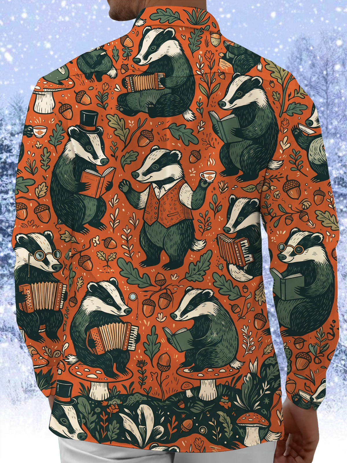 Adaychic Men's Long Sleeve Shirt - Vintage Gentleman Badgers With Forest Elements Print with Chest Pocket