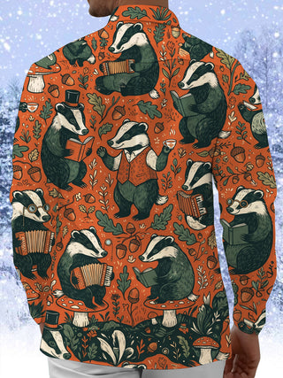Adaychic Men's Long Sleeve Shirt - Vintage Gentleman Badgers With Forest Elements Print with Chest Pocket