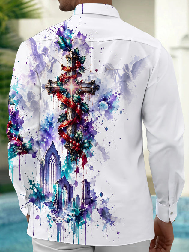 Adaychic Men's Graphic Christmas Cross And Angels Print Long Sleeve Shirt