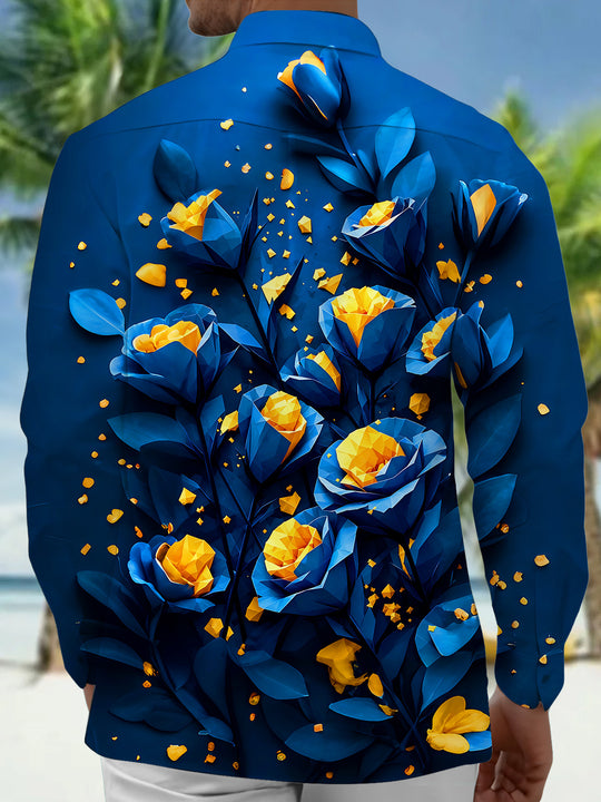 Adaychic Men's 3D 3D Origami Roses Print Long Sleeve Shirt with Chest Pocket