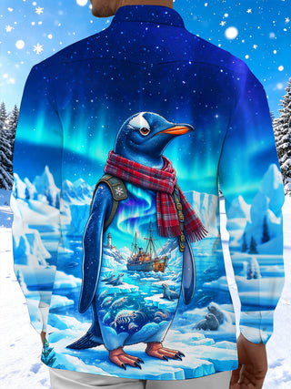 Adaychic Men's Penguin With Plaid Scarf And Backpack Print Long Sleeve Shirt with Chest Pocket
