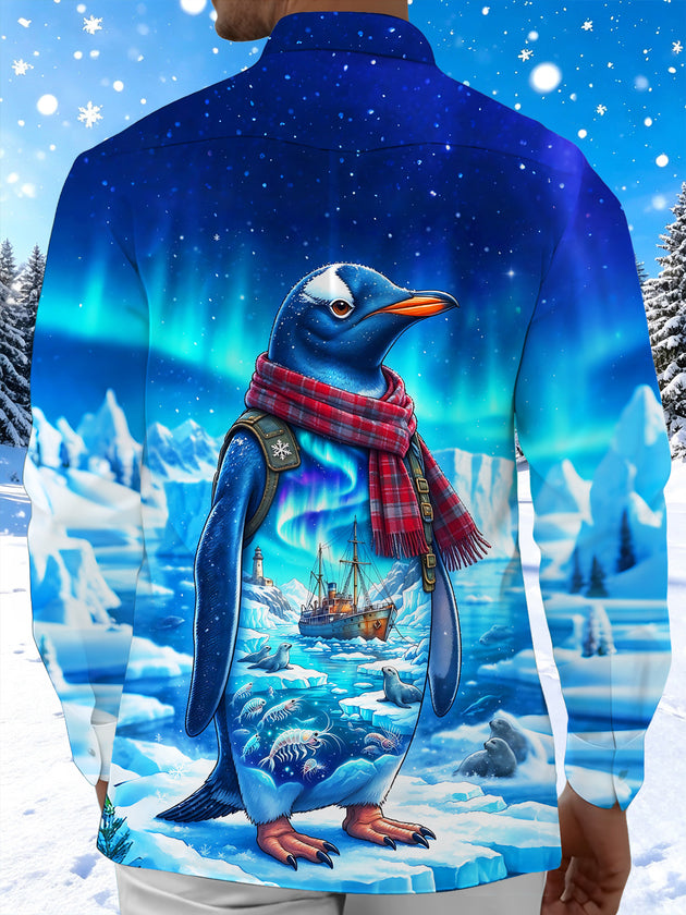 Adaychic Men's Penguin With Plaid Scarf And Backpack Print Long Sleeve Shirt with Chest Pocket