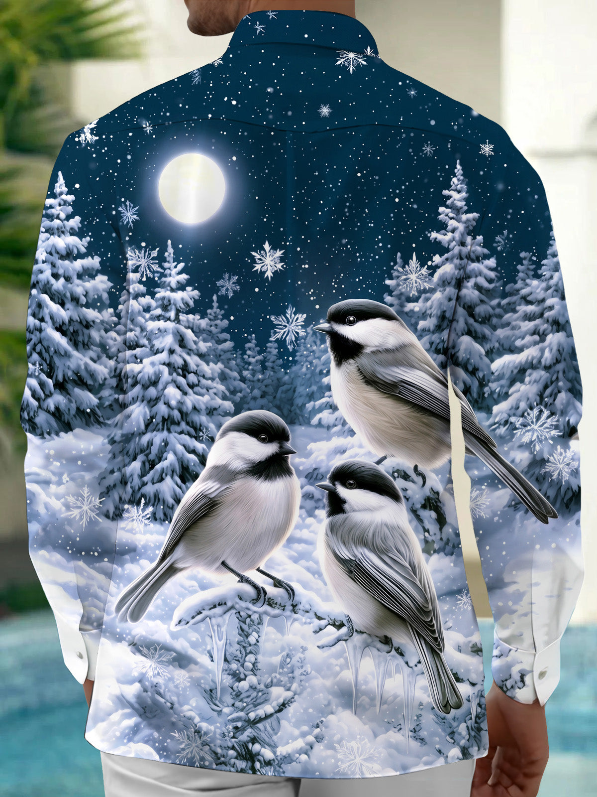 Adaychic Men's Winter Birds And Snowy Pine Trees Print Long Sleeve Shirt with Chest Pocket