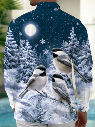 Adaychic Men's Winter Birds And Snowy Pine Trees Print Long Sleeve Shirt with Chest Pocket