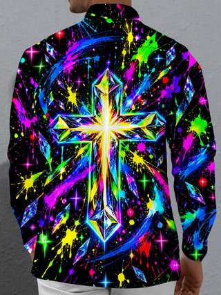 Adaychic Men's Neon Crystal Cross And Paint Splatters Print Long Sleeve Shirt with Chest Pocket