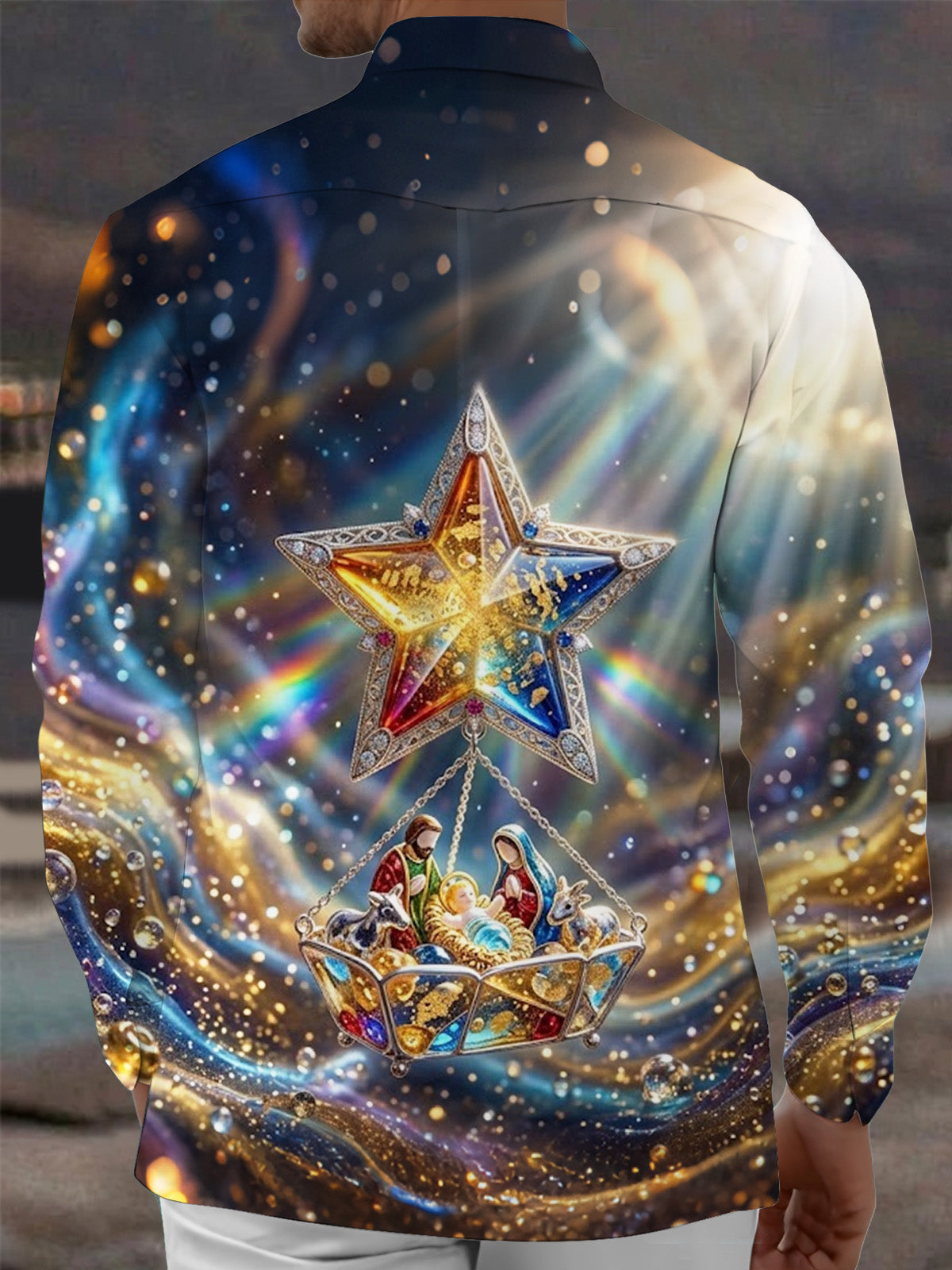 Adaychic Men's Nativity Scene With Star Of Bethlehem Print Long Sleeve Shirt with Chest Pocket