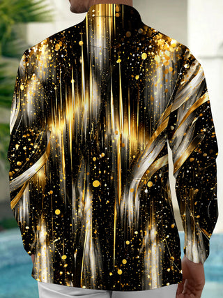 Adaychic Men's Long Sleeve Shirt - Abstract Gold And Black Splatter With Radial Lines Print with Chest Pocket