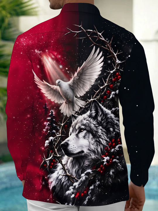 Adaychic Men's Long Sleeve Shirt - Christmas Wolf And Peace Dove With Snow And Berries Print with Chest Pocket
