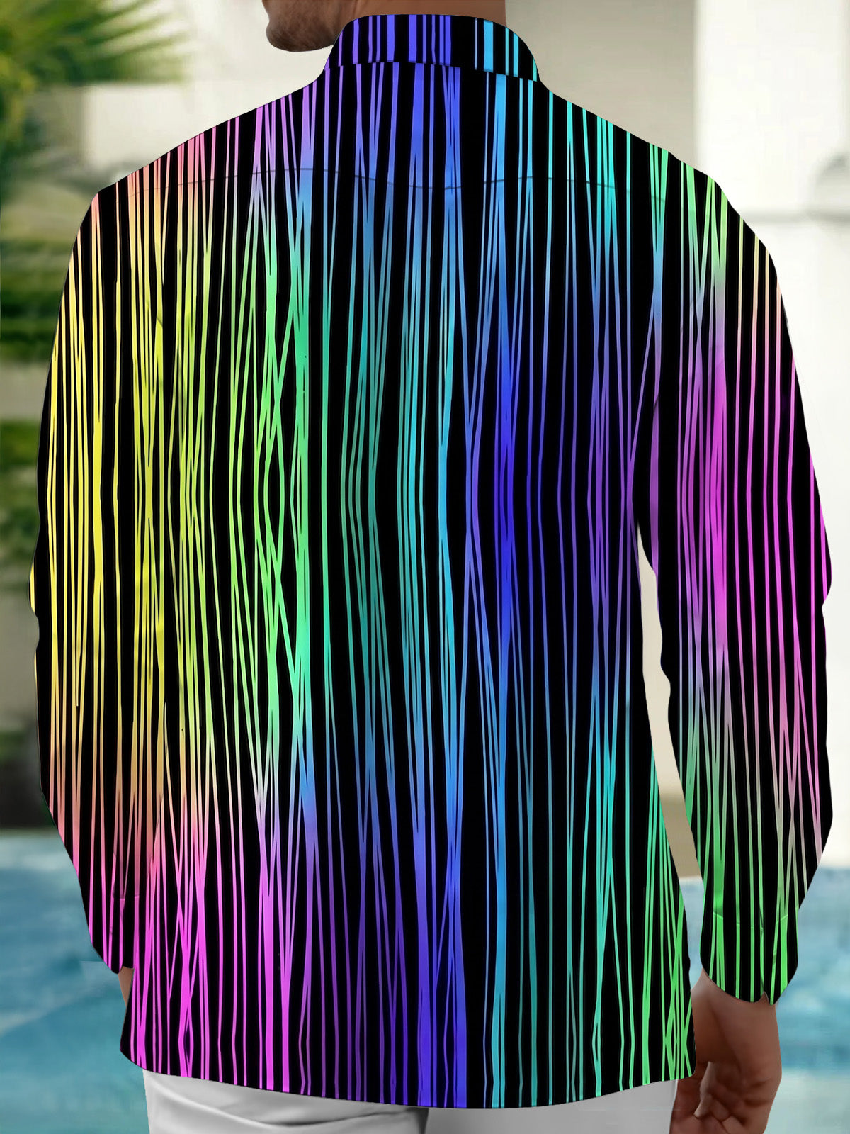 Adaychic Men's Striped Rainbow Vertical Stripes Print Long Sleeve Shirt with Chest Pocket