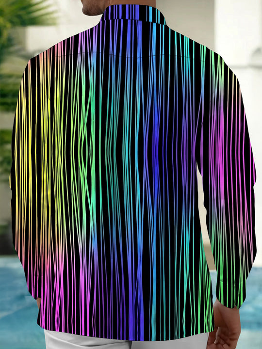Adaychic Men's Striped Rainbow Vertical Stripes Print Long Sleeve Shirt with Chest Pocket