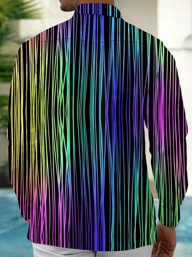 Adaychic Men's Striped Rainbow Vertical Stripes Print Long Sleeve Shirt with Chest Pocket