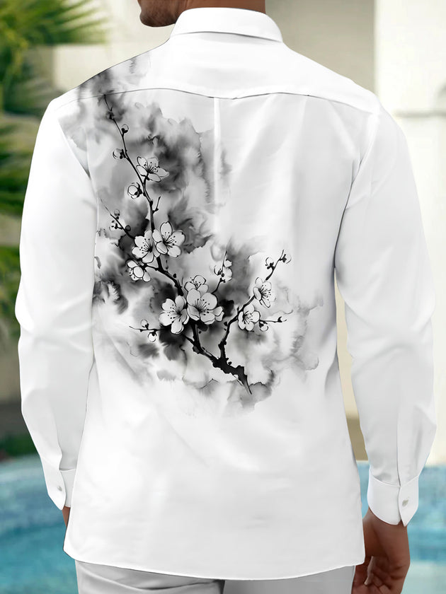 Adaychic Men's Floral Cherry Blossom Branches Print Long Sleeve Shirt with Chest Pocket