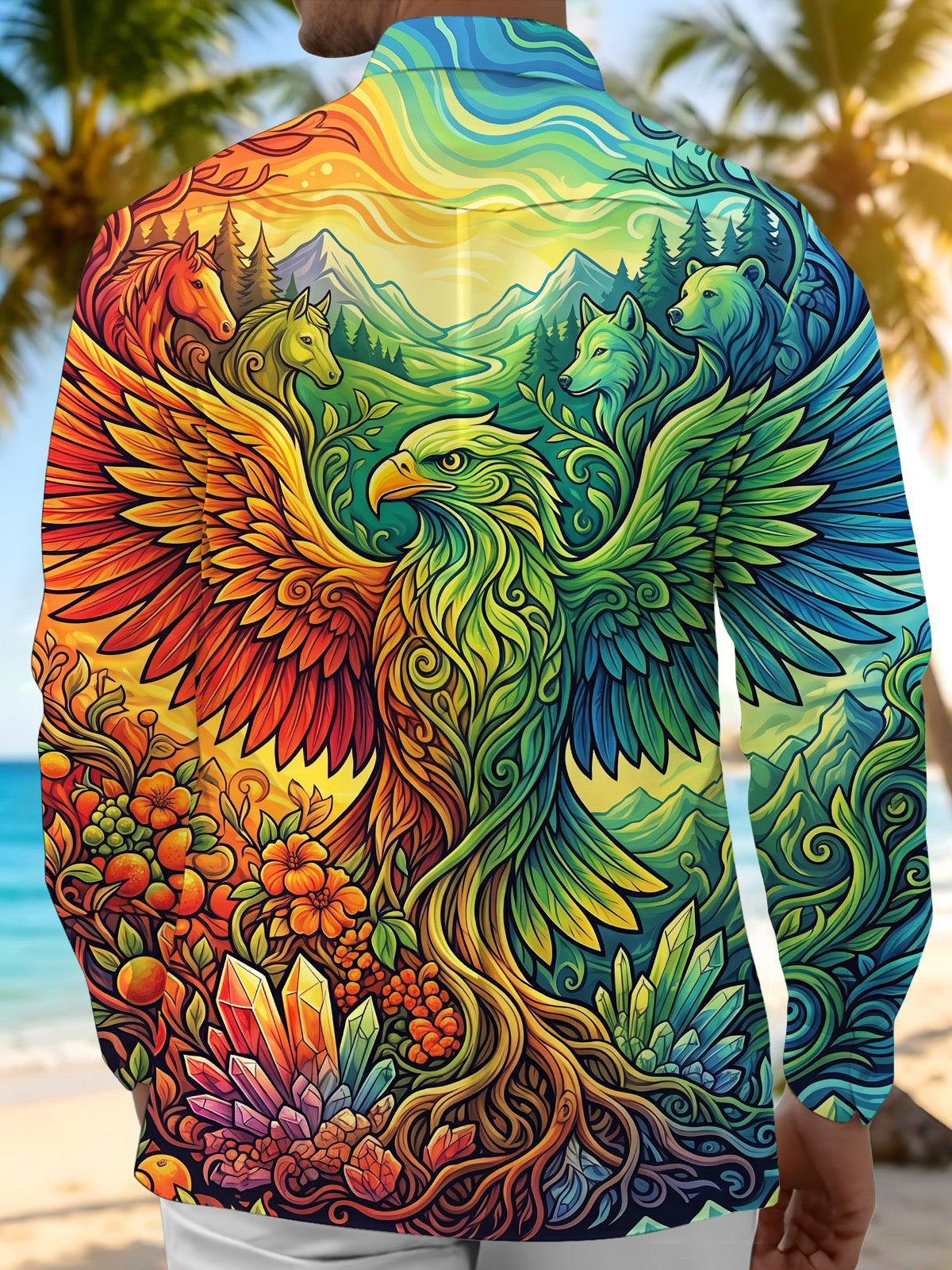 Adaychic Men's Spirit Eagle And Forest Animals Print Long Sleeve Shirt with Chest Pocket
