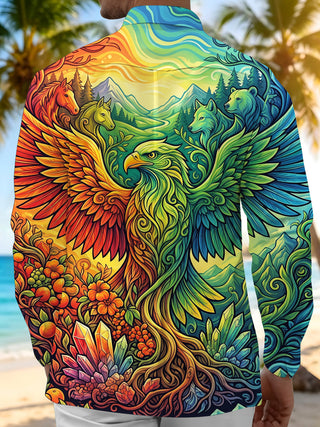 Adaychic Men's Spirit Eagle And Forest Animals Print Long Sleeve Shirt with Chest Pocket