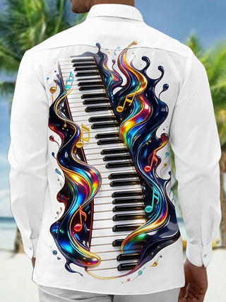 Adaychic Men's Graphic Piano Keyboard And Musical Notes Print Long Sleeve Shirt with Chest Pocket