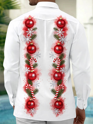 Adaychic Men's Christmas Ornaments And Candy Canes Print Long Sleeve Shirt with Chest Pocket