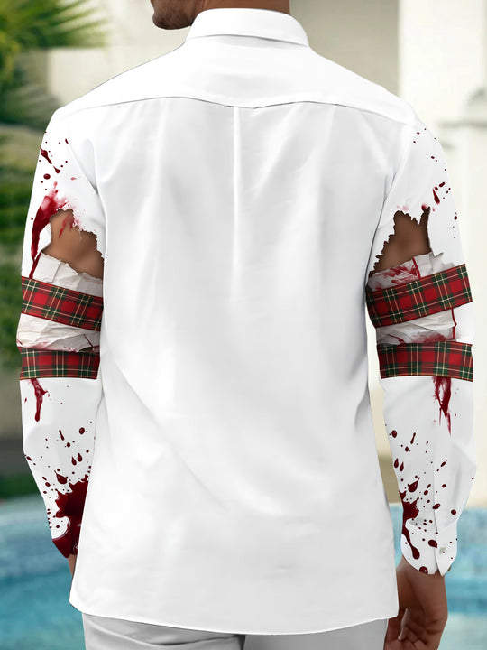 Adaychic Men's Long Sleeve Shirt - Christmas Torn Shirt With Blood Splatter And Plaid Pattern with Chest Pocket