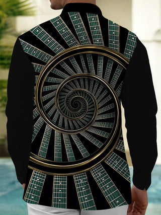 Adaychic Men's Graphic Guitar Fretboard Spiral Print Long Sleeve Shirt with Chest Pocket