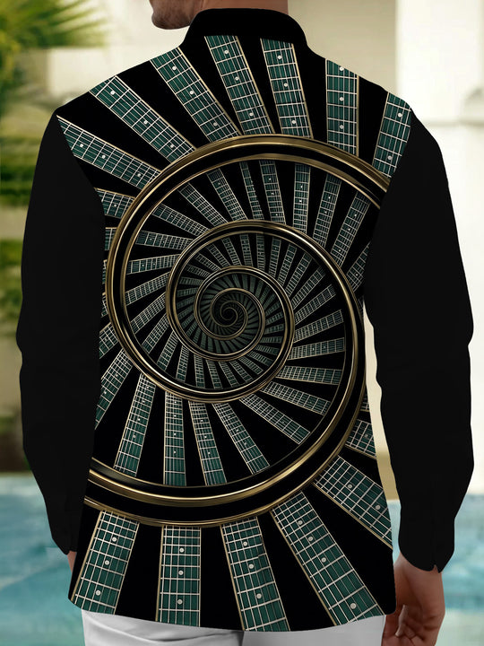 Adaychic Men's Graphic Guitar Fretboard Spiral Print Long Sleeve Shirt with Chest Pocket