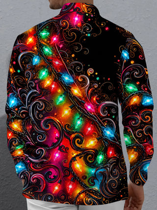 Adaychic Men's Christmas Light String And Swirls Print Long Sleeve Shirt with Chest Pocket