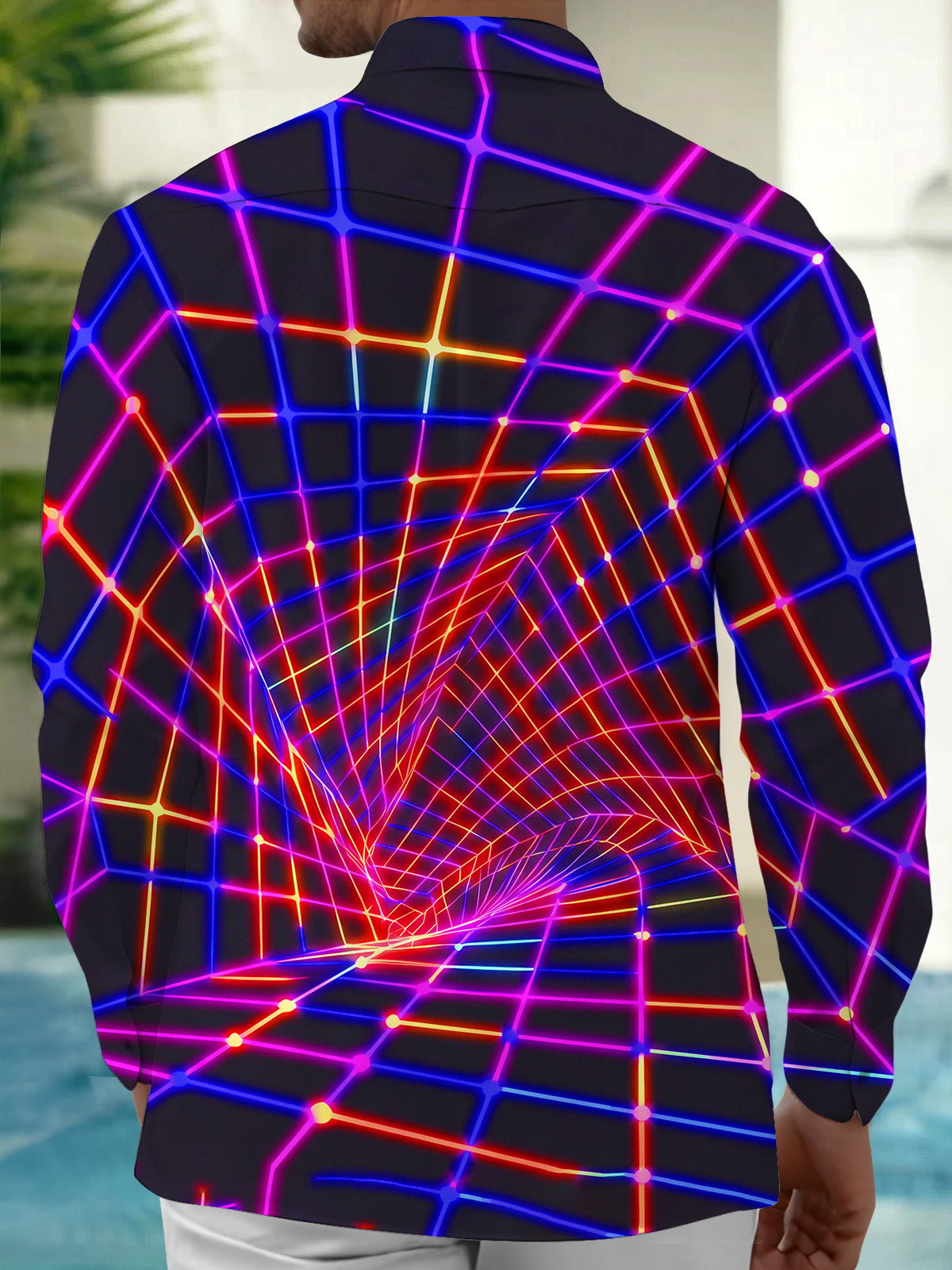 Adaychic Neon Grid Tunnel Men's Long Sleeve Shirt with Chest Pocket