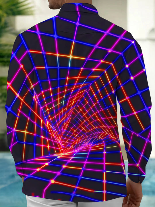 Adaychic Neon Grid Tunnel Men's Long Sleeve Shirt with Chest Pocket