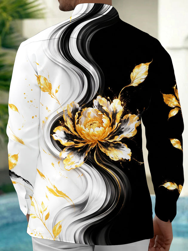 Adaychic Men's Long Sleeve Shirt - Gold Peony Floral With Black And White Swirls Print with Chest Pocket