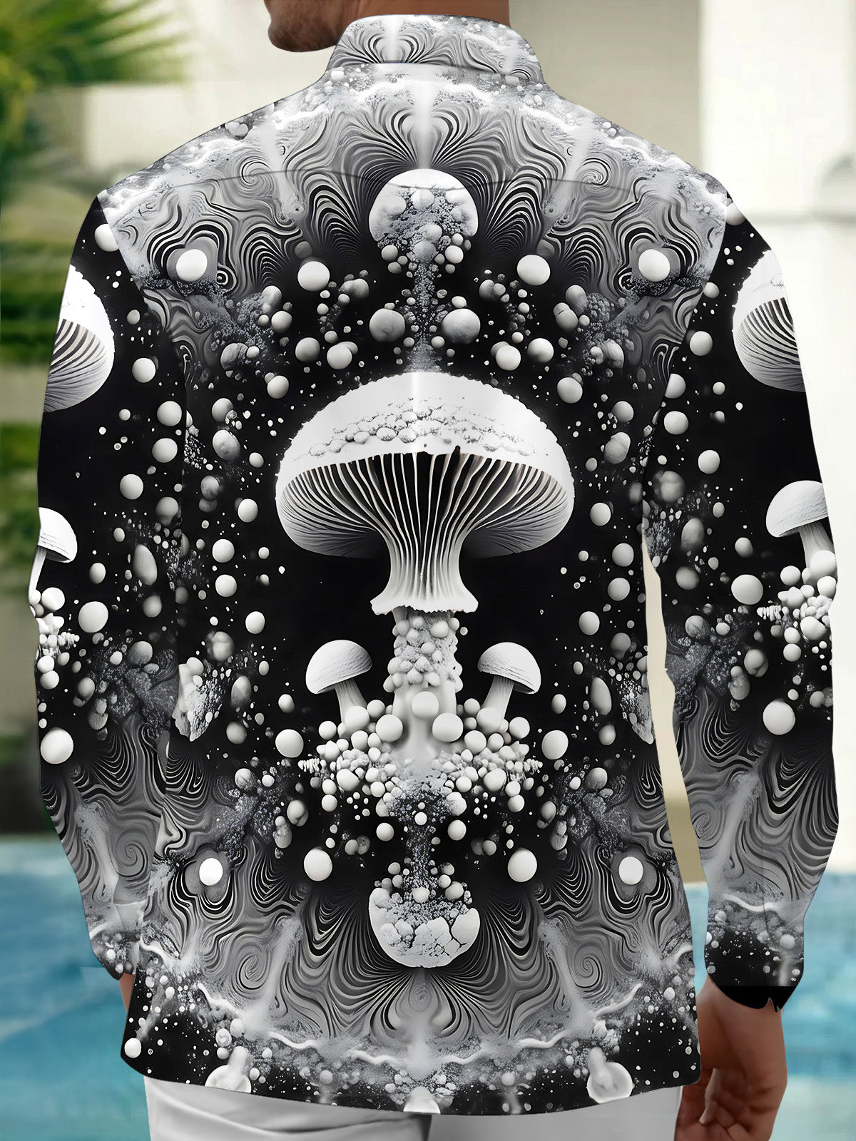 Adaychic Men's Printed Mushroom Print Abstract Bubbles Print Long Sleeve Shirt with Chest Pocket