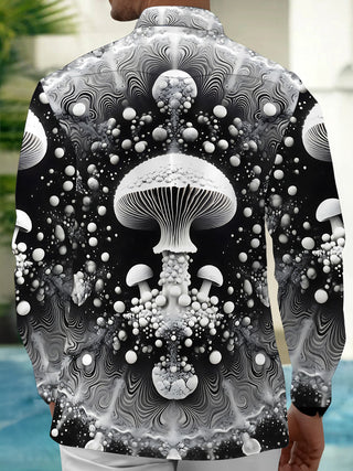 Adaychic Men's Printed Mushroom Print Abstract Bubbles Print Long Sleeve Shirt with Chest Pocket