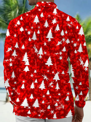 Adaychic Men's Printed Christmas Tree Print Snowflake Print Long Sleeve Shirt with Chest Pocket