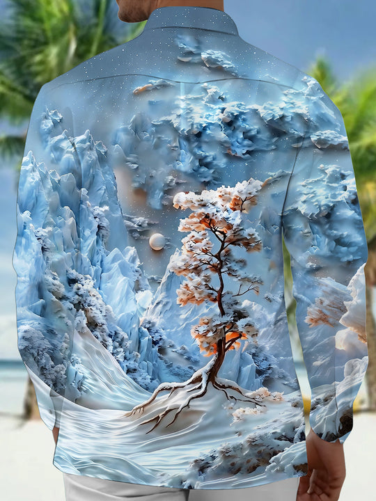 Adaychic Men's Printed Mountain Landscape Print Long Sleeve Shirt with Chest Pocket