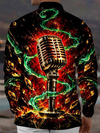 Adaychic Men's Long Sleeve Shirt - Vintage Microphone With Green Energy And Gold Crystals Print with Chest Pocket