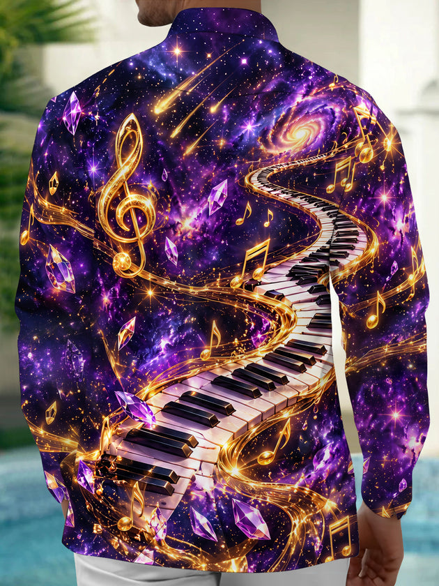 Adaychic Men's Graphic Piano Keyboard And Musical Notes Print Long Sleeve Shirt with Chest Pocket