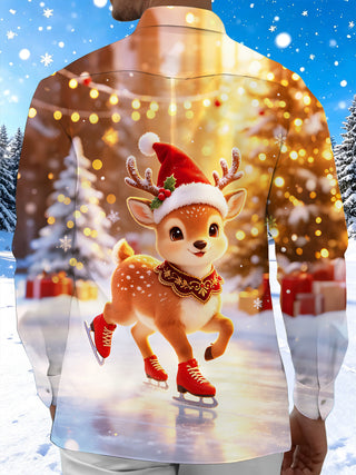 Adaychic Men's Printed Christmas Deer Print Ice Skating Print Long Sleeve Shirt with Chest Pocket