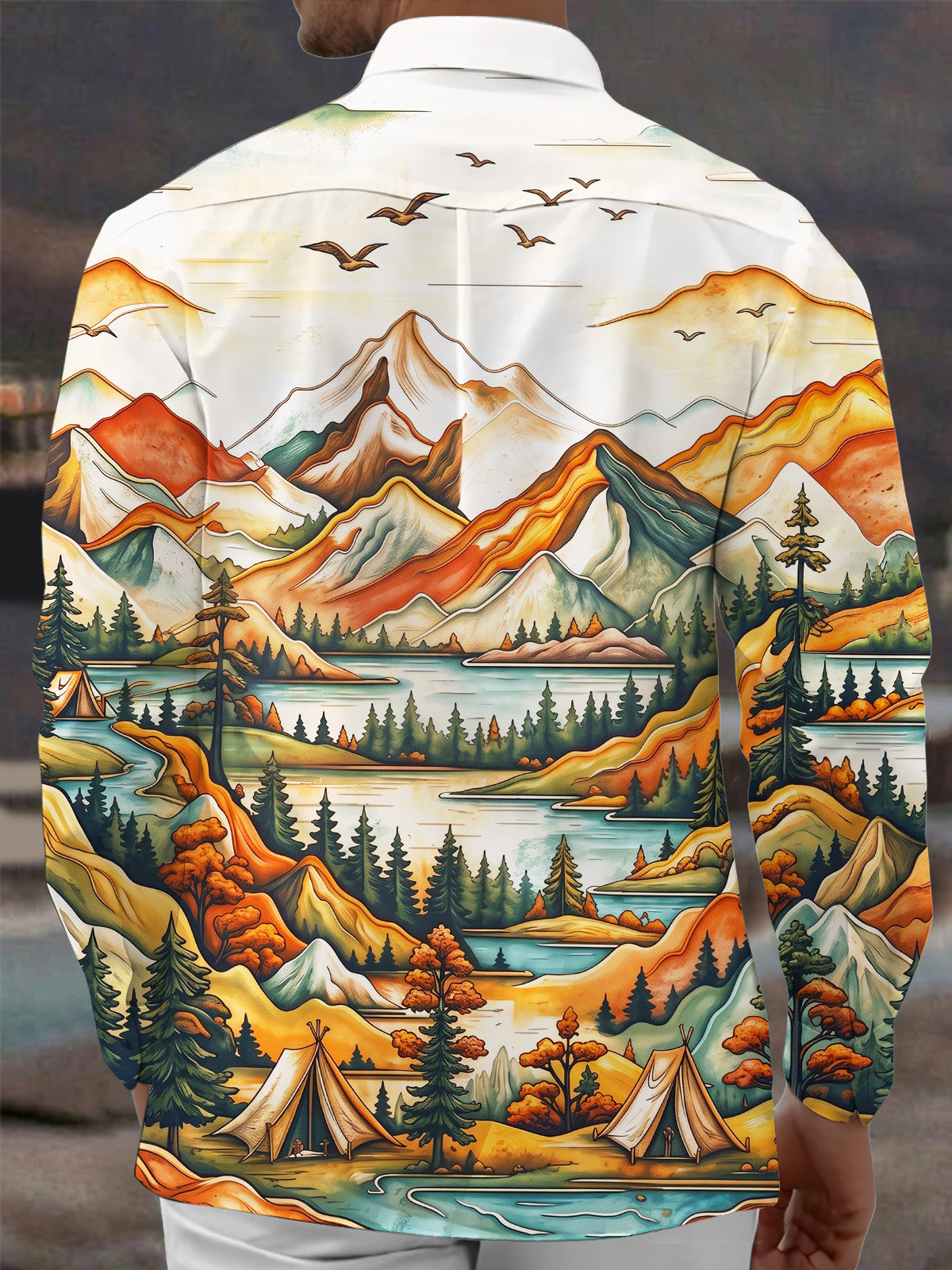 Adaychic Men's Vintage Style Mountain Landscape Print Long Sleeve Shirt with Chest Pocket