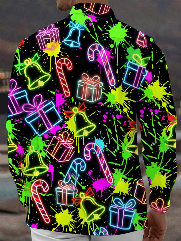 Adaychic Men's Long Sleeve Shirt - Christmas Neon Candy Canes And Gift Boxes Print with Chest Pocket
