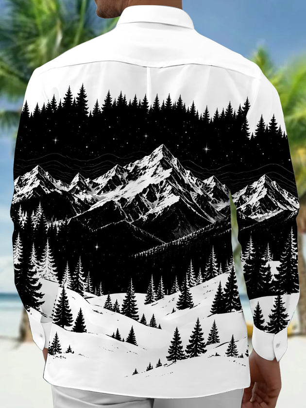 Adaychic Men's Printed Snowy Mountains And Forest Print Long Sleeve Shirt with Chest Pocket
