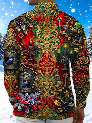 Adaychic Men's Long Sleeve Shirt - Christmas Vintage Gothic Candelabras And Raven Birdcages Print with Chest Pocket