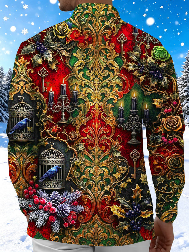 Adaychic Men's Long Sleeve Shirt - Christmas Vintage Gothic Candelabras And Raven Birdcages Print with Chest Pocket