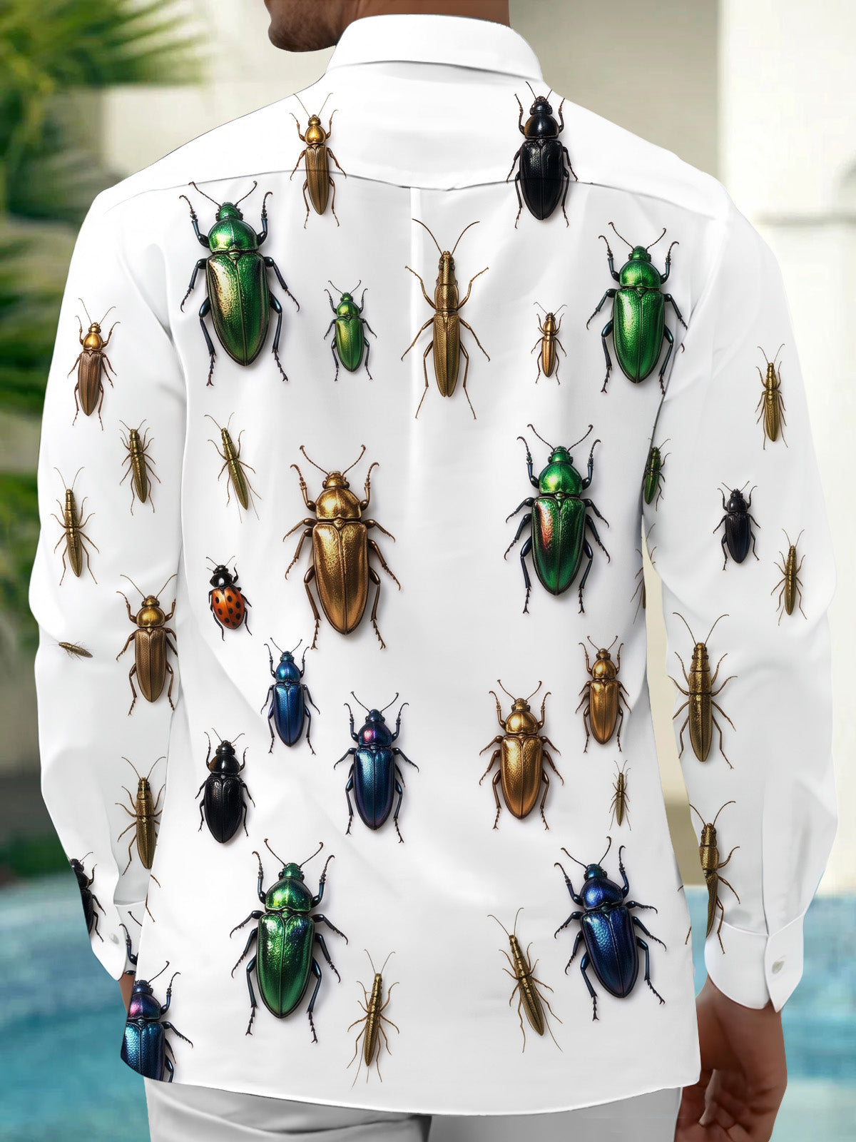 Adaychic Men's Metallic Beetles And Insects Print Long Sleeve Shirt with Chest Pocket