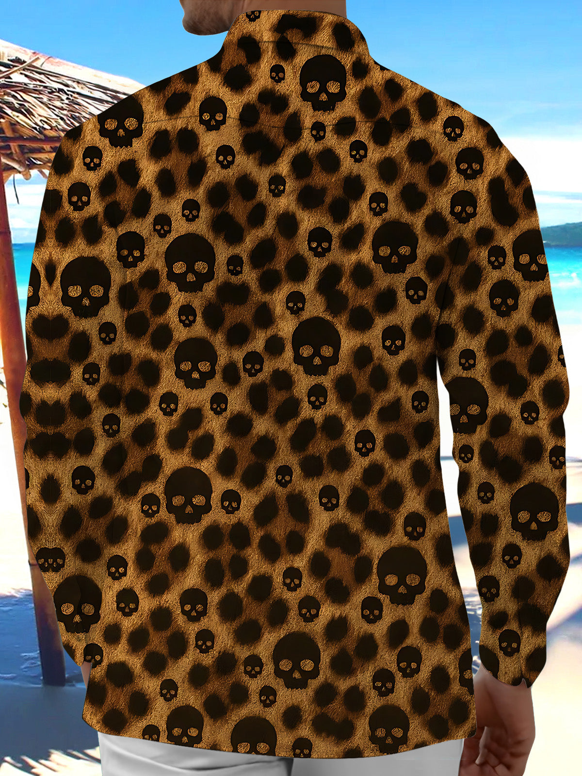 Adaychic Men's Printed Leopard Print Skull Motif Print Long Sleeve Shirt with Chest Pocket