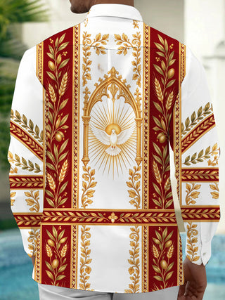 Adaychic Men's Printed White Dove With Golden Rays Print Long Sleeve Shirt with Chest Pocket