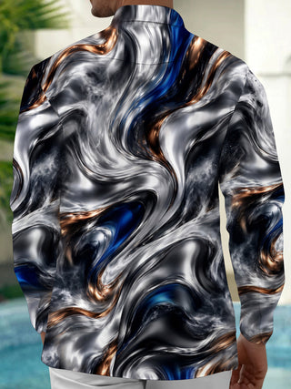 Adaychic Men's Abstract Swirling Metallic And Blue Pattern Long Sleeve Shirt with Chest Pocket
