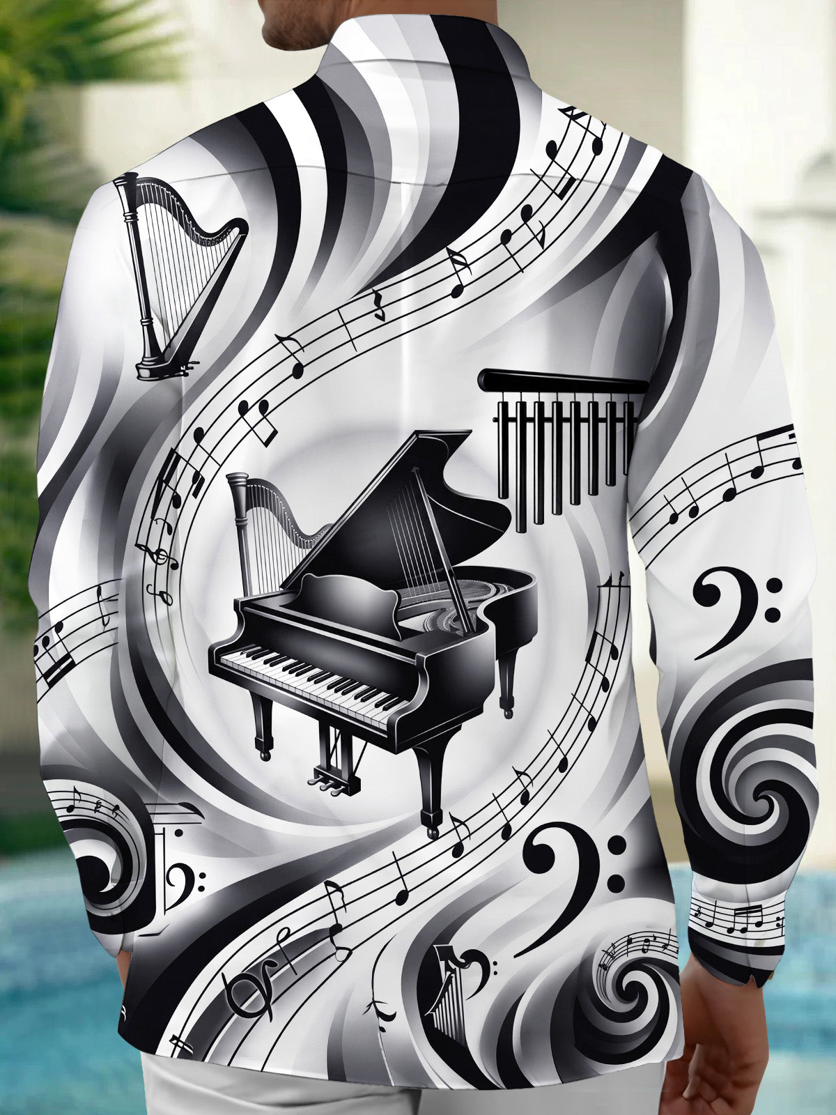 Adaychic Men's Graphic Piano Harp Music Note Pattern Long Sleeve Shirt with Chest Pocket