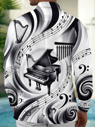 Adaychic Men's Graphic Piano Harp Music Note Pattern Long Sleeve Shirt with Chest Pocket
