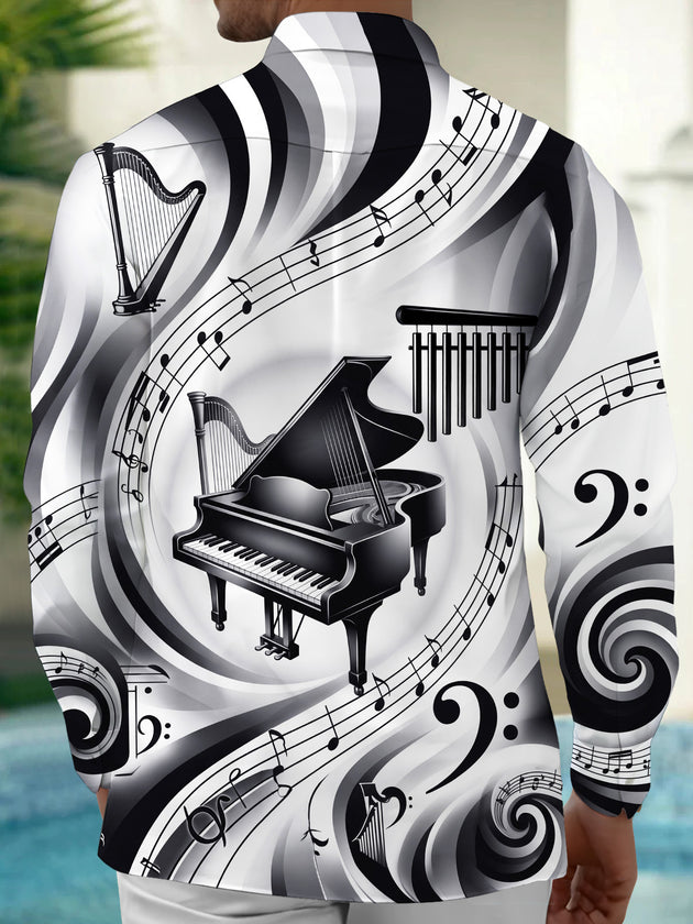 Adaychic Men's Graphic Piano Harp Music Note Pattern Long Sleeve Shirt with Chest Pocket
