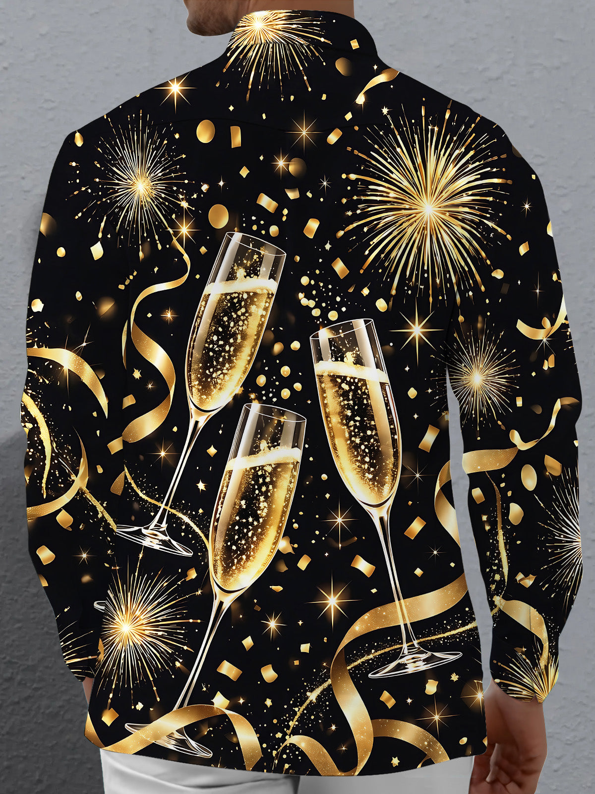 Adaychic Men's New Year Champagne Glasses And Fireworks Print Long Sleeve Shirt with Chest Pocket