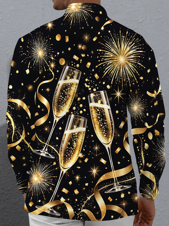Adaychic Men's New Year Champagne Glasses And Fireworks Print Long Sleeve Shirt with Chest Pocket