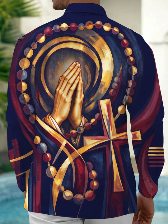 Adaychic Men's Graphic Praying Hands And Rosary Beads Print Long Sleeve Shirt with Chest Pocket