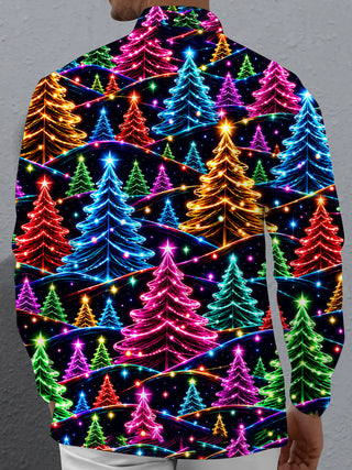 Adaychic Men's Graphic Neon Christmas Trees Print Long Sleeve Shirt with Chest Pocket